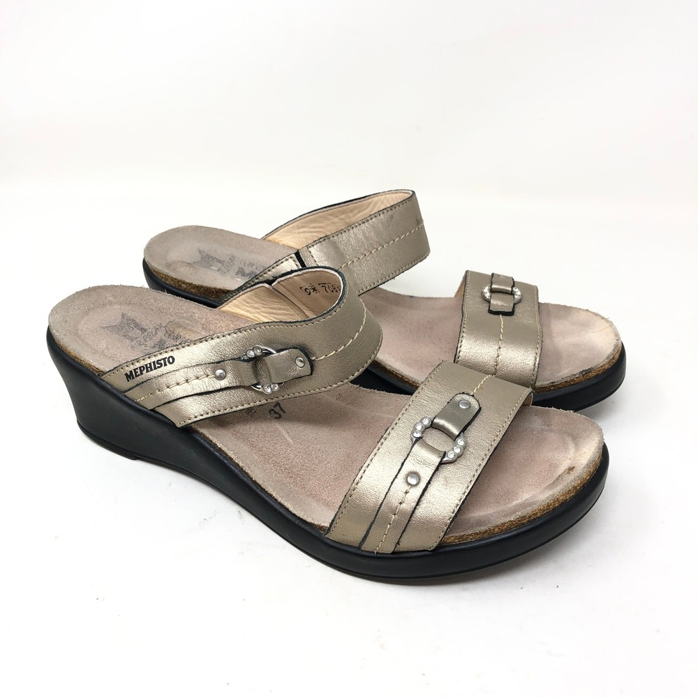 Mephisto Womens 37 Wedge Sandals Champaign Gold Leather Rhinestone Buckle Slide